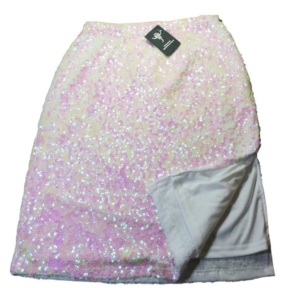 White/Pink Multi-hue Sequin Midi Skirt L *NWT* - Picture 5 of 8